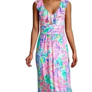 Lily Pulitzer Pink Floral Ruffled Long Maxi Dress Mirella Medium